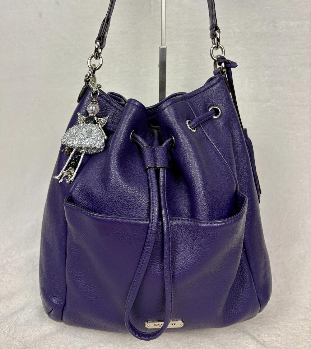 Coach Avery Drawstring Bucket Bag in Indigo/Purple Pebble Leather with Charm